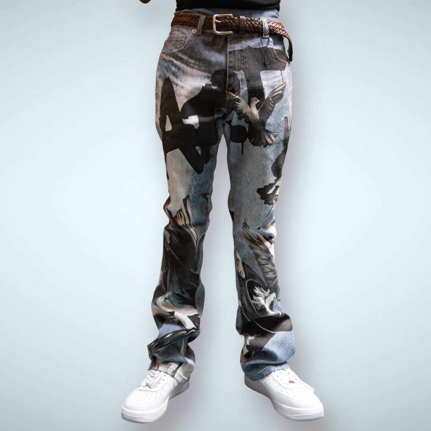 RM204SK - Graphic Printed Stacked Jeans